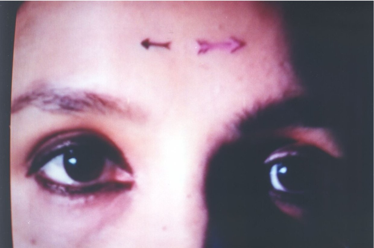 woman close up of eyes with markings on head