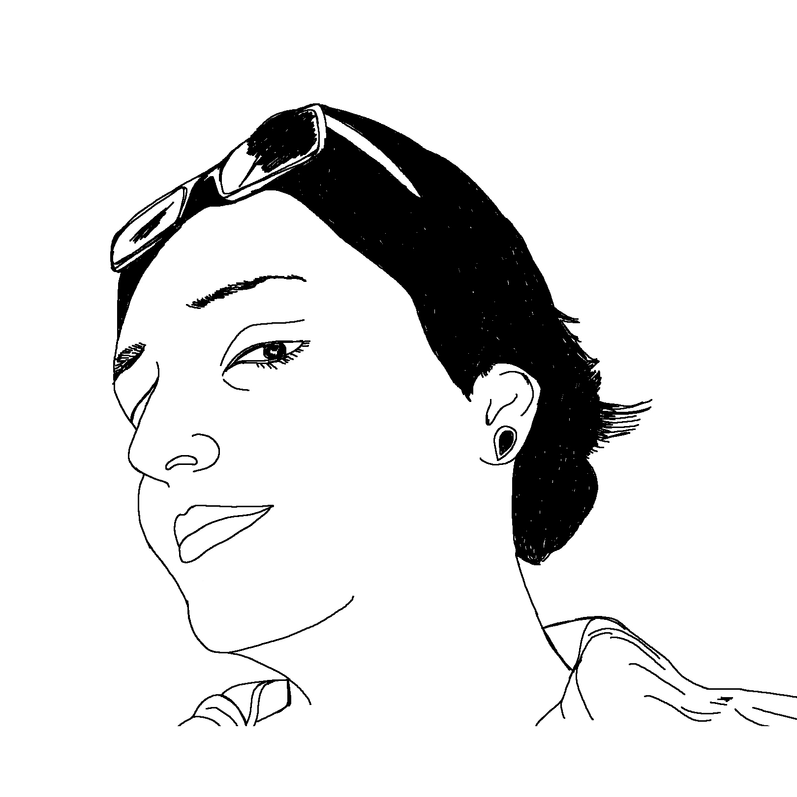 line drawing of woman with glasses on top of head