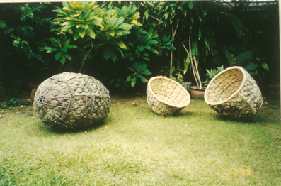 three large cocoon-like hollow structures on grass