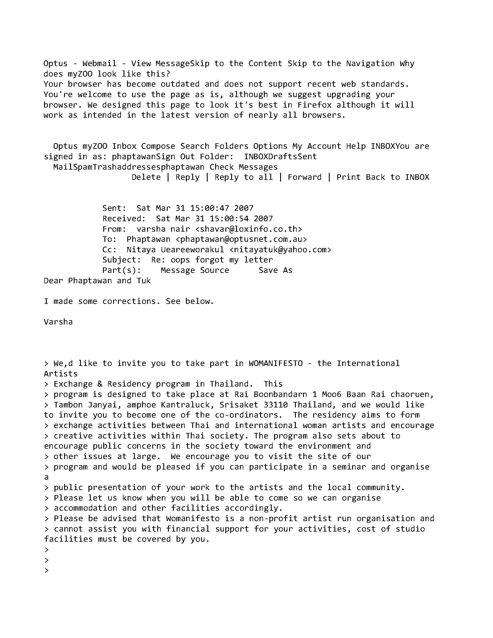 Email from Varsha Nair to Phaptawan Suwannakudt and Nitaya Ueareeworakul, March 2007