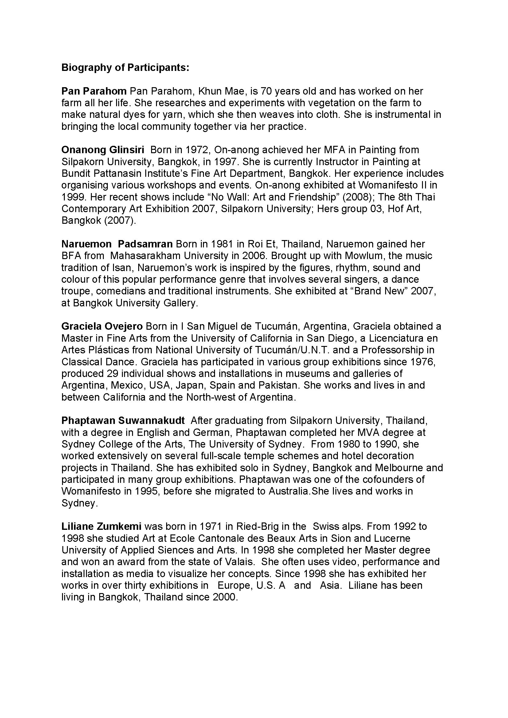 Biographies of Participants and Organisers of Womanifesto 2008 Residency Programme