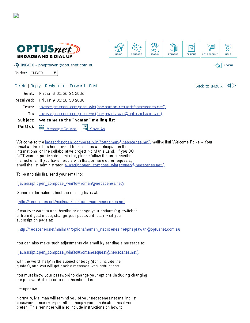 Email Confirming Subscription to No Man's Land Mailing List, 9 June 2006