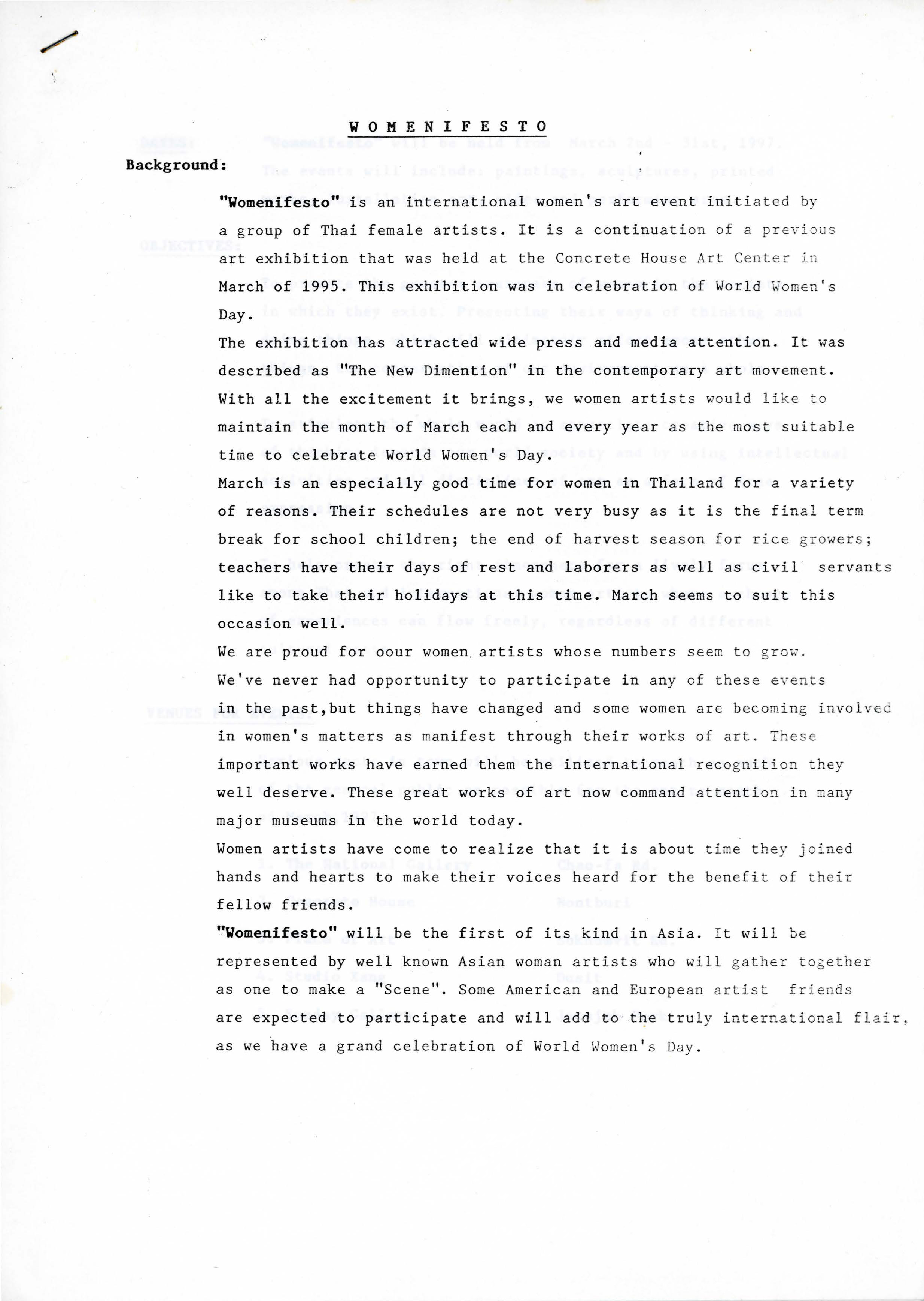 Womanifesto I Background Information and Working Timetable