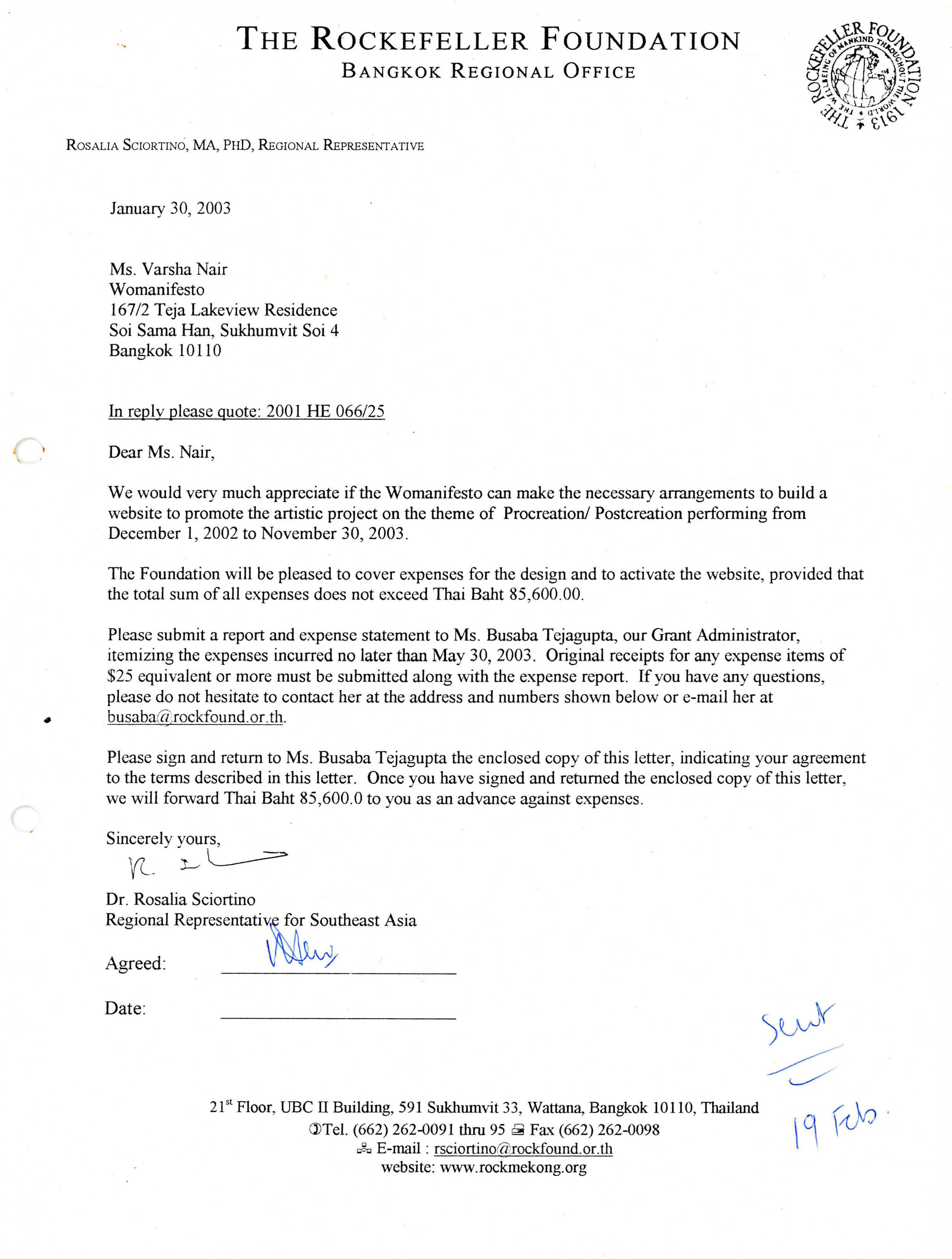 Letter from Rosalia Sciortino, Rockefeller Foundation, to Varsha Nair, 30 January 2003