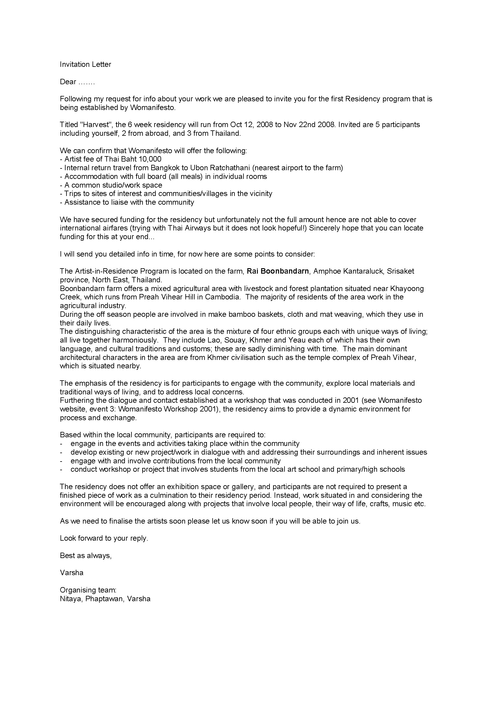 Womanifesto 2008 Harvest Artist Residency Programme — Invitation Letter Template
