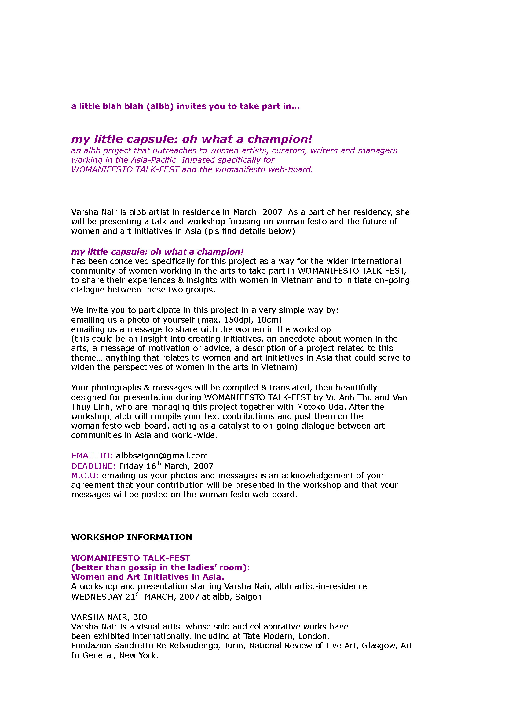 My Little Capsule: Oh What a Champion! — Call for Participation and Womanifesto Talk-Fest Announcement