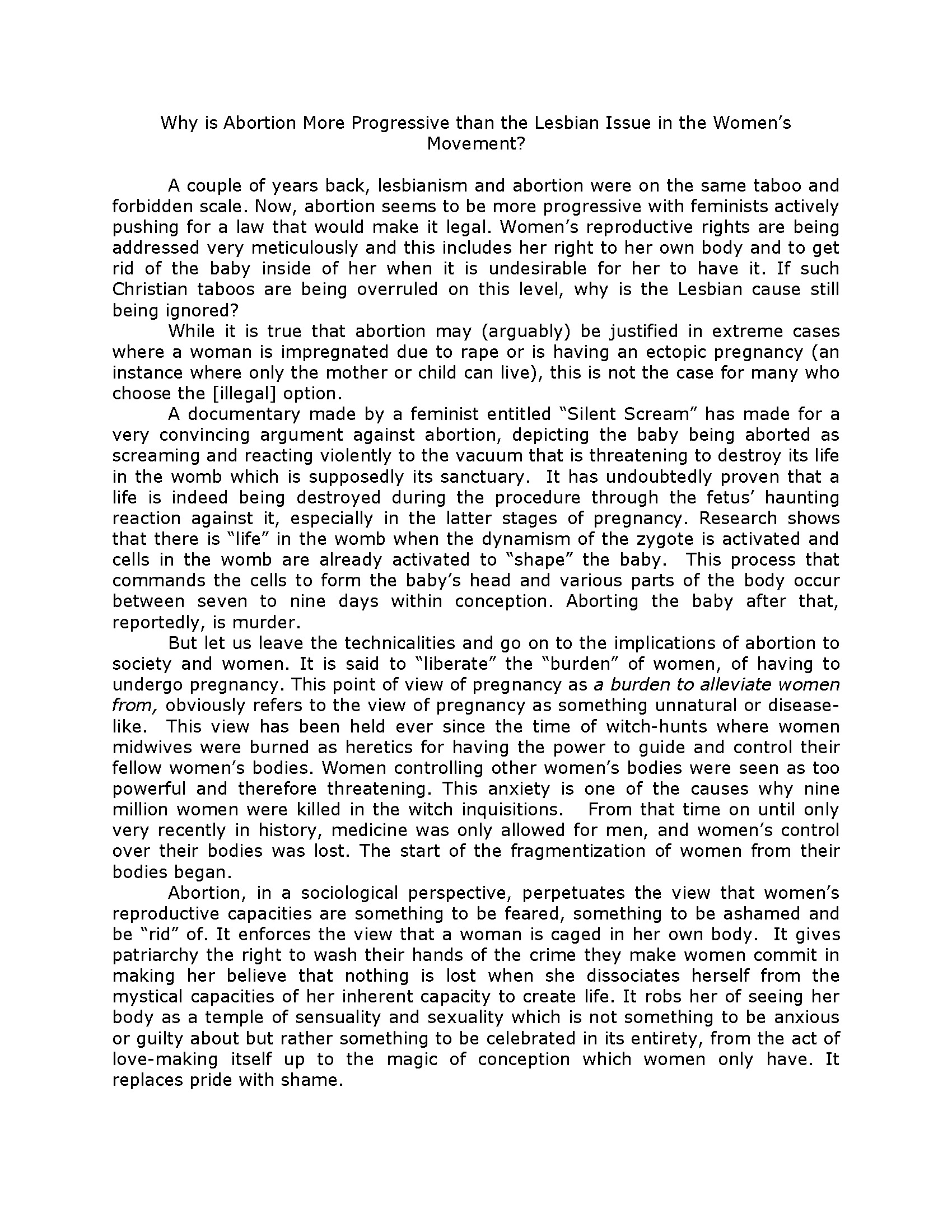 Why Is Abortion More Progressive than the Lesbian Issue in the Women's Movement?