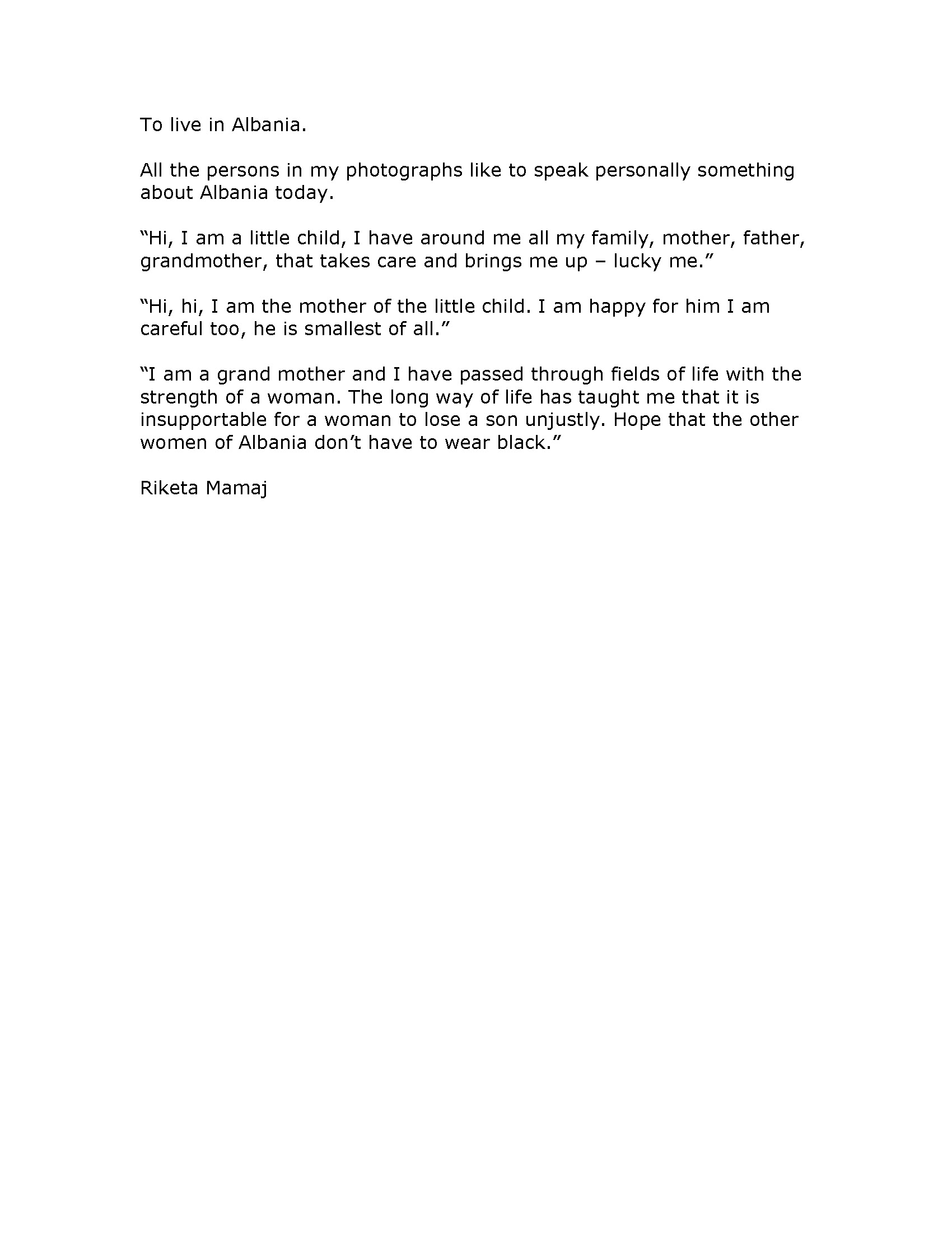 To Live in Albania — Work Description by Riketa Mamaj