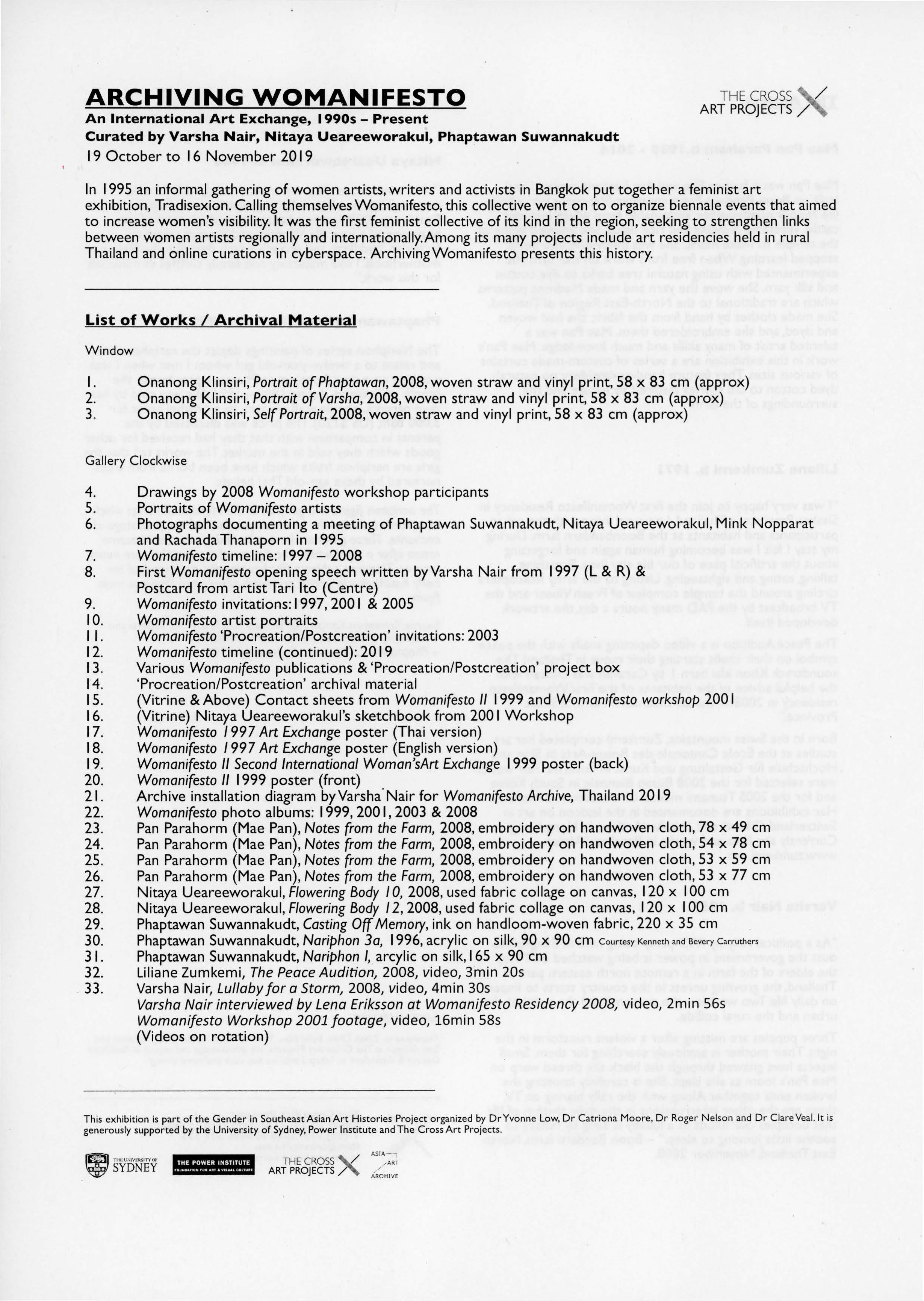 Archiving Womanifesto Exhibition Checklist